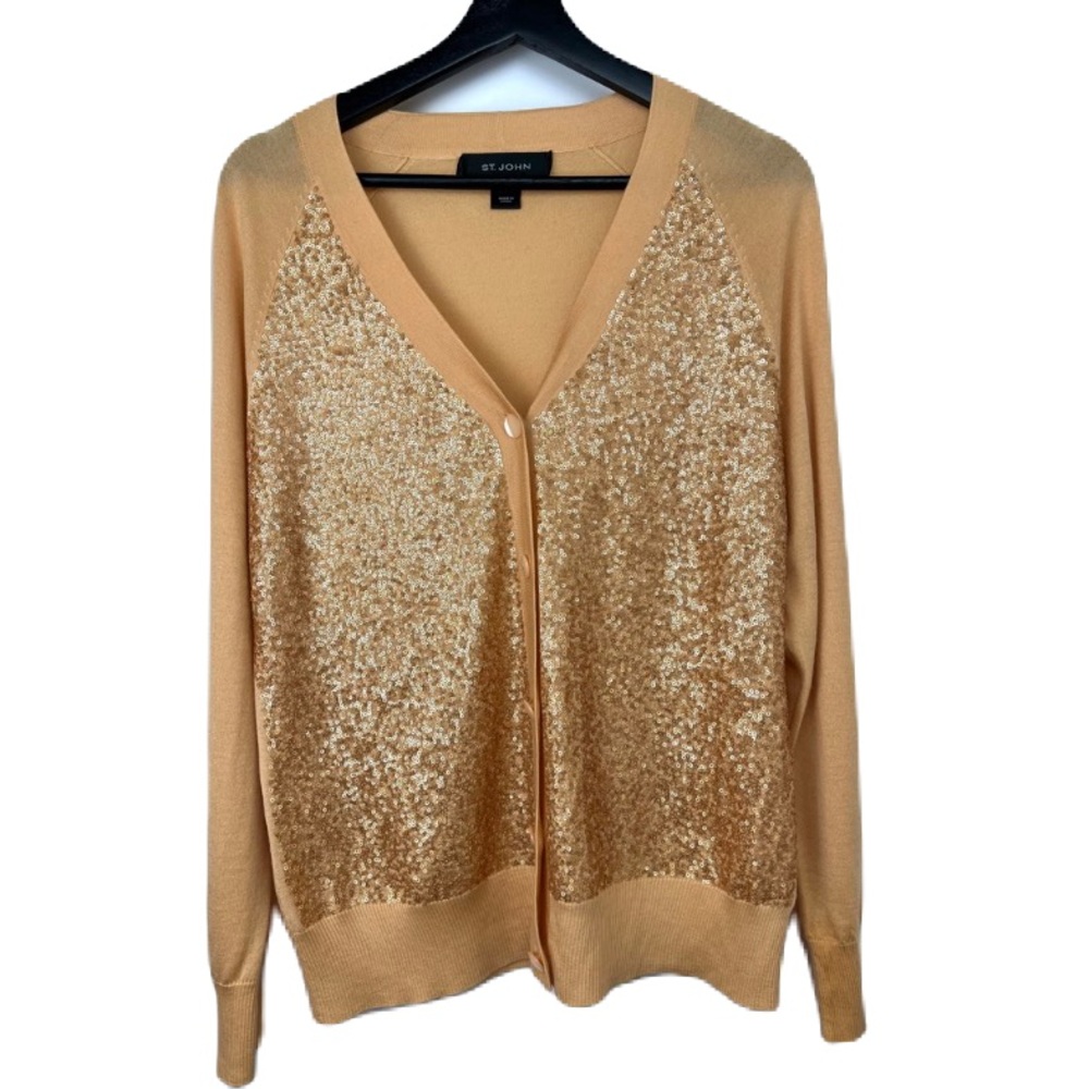 St. John Sequined Panel Silk Cashmere Lightweight Cardigan sz M Luxury Designer